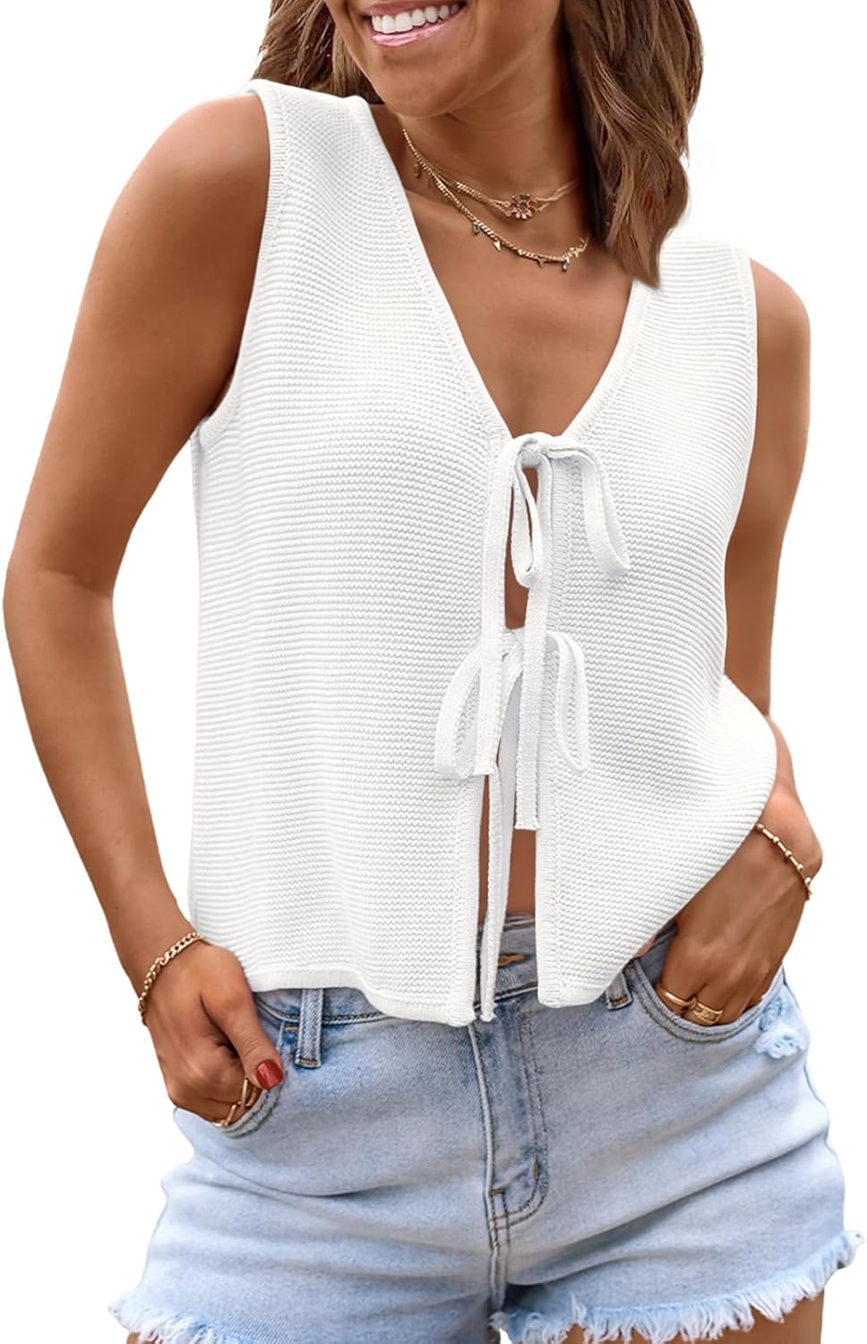 LILLUSORY Womens Tie Front Tops Vacation Sweater Vest | Bohemian Style, Beach Resort Wear, Concert Western Outfits, Crochet Tops, Vacation Outfits, Cute Y2k Sleeveless 2026