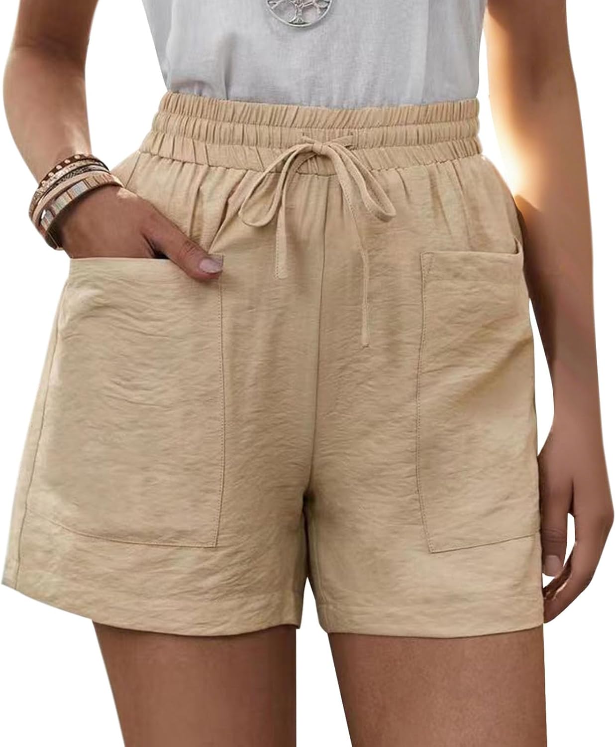 Zhyaj Summer Wide Leg Linen Shorts for Women Plus Size Drawstring High Waisted Elastic Casual Loose Fit Bermuda Shorts