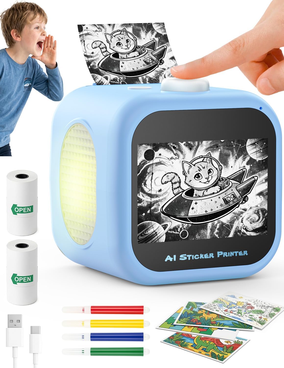 Kids AI Voice Sticker Printer Toy, No Phone App Needed, Power on & Print by Voice, Ink-Free Thermal Machine with 3.5" Touch Screen, Journaling & DIY Crafts, Birthday Gift for Kids Ages 3+