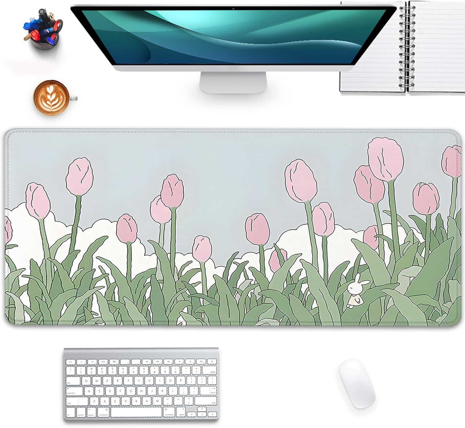Tulip Flower Mouse Pads,Pink Mouse Pad for Woman,Large Desktop Mat for Keyboard and Mouse,XL Mousepad for Home Work Game(27.5X11.8 in)