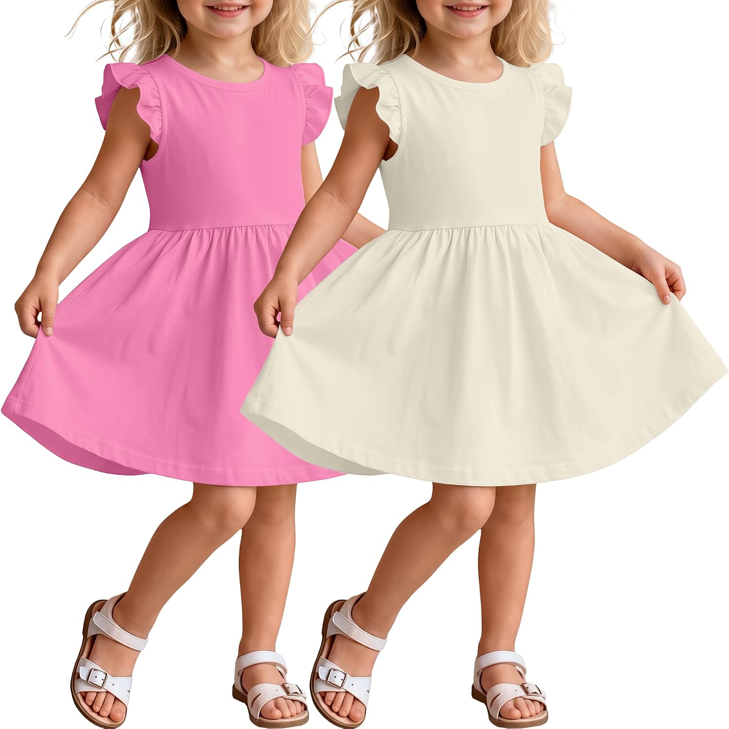 2 Pack Toddler Girls Dresses | Flutter Sleeve, Short Sleeve, Cute, School Sundress, Ruffle Bottom, Summer Casual, Soft, Lightweight, Playwear, Daily Wear