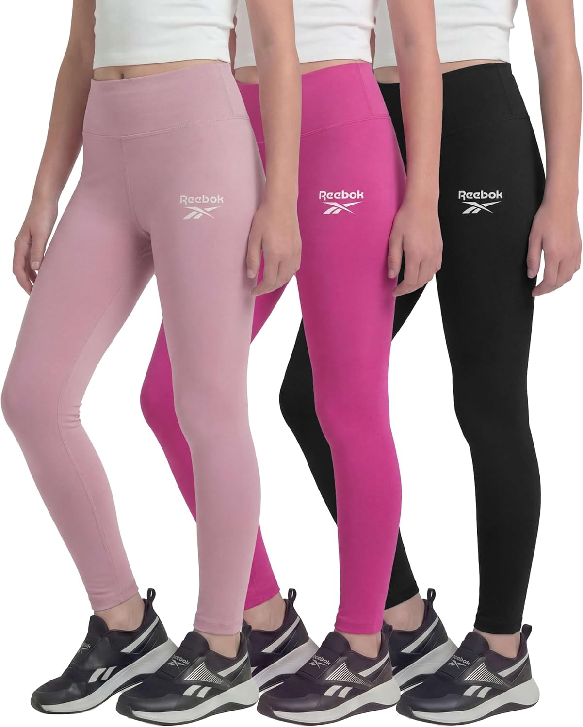 Reebok 3 Pack: Girls Leggings Athletic Dance Cheer Workout Pants for Kids Teens Tweens Youth Activewear Bottoms - (Size 6-16)