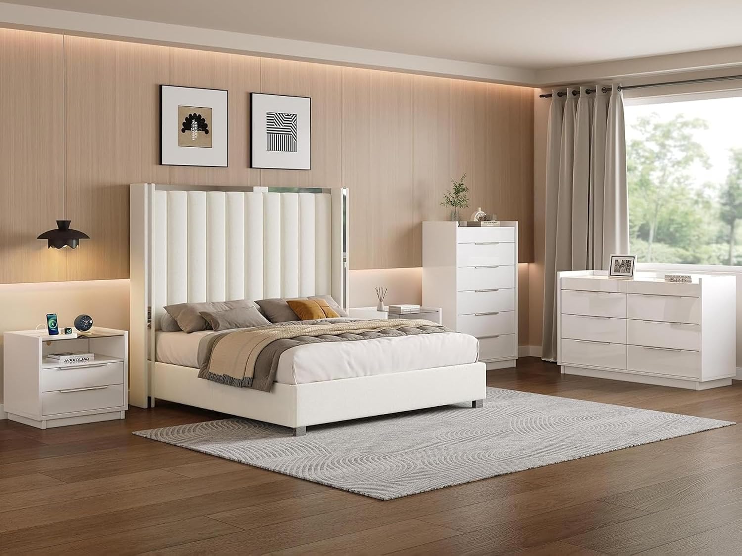 AMERLIFE Queen Size Bedroom Set, 5 Piece Modern Bedroom Furniture Set with Upholstered Platform Bed, 8 Drawer Dresser, 5 Drawer Chest, 2 Nightstands with Charging Station, High Gloss Finish, White