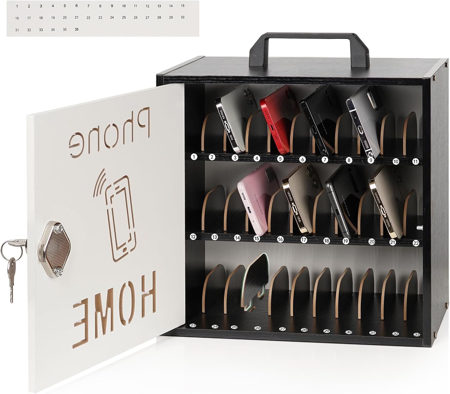 Wooden Phone Lock Box,Adjustable 33 Slots Cell Phone Holder Classroom | Echaprey cell phone storage cabinet with handle and lock, keeps desktop classroom/office phones organized, secure, manageable