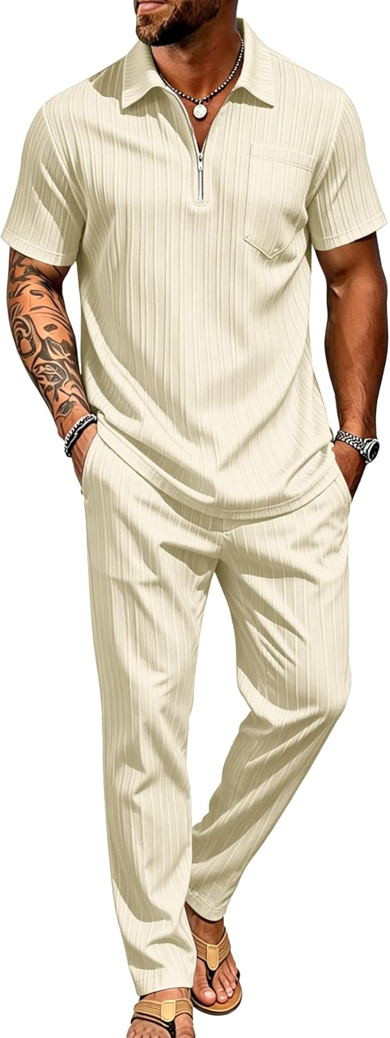 Mens Summer Beach Outfits 2 Piece Casual Quarter Zip Short Sleeve Vertical Stripe Shirt and Loose Pants Set