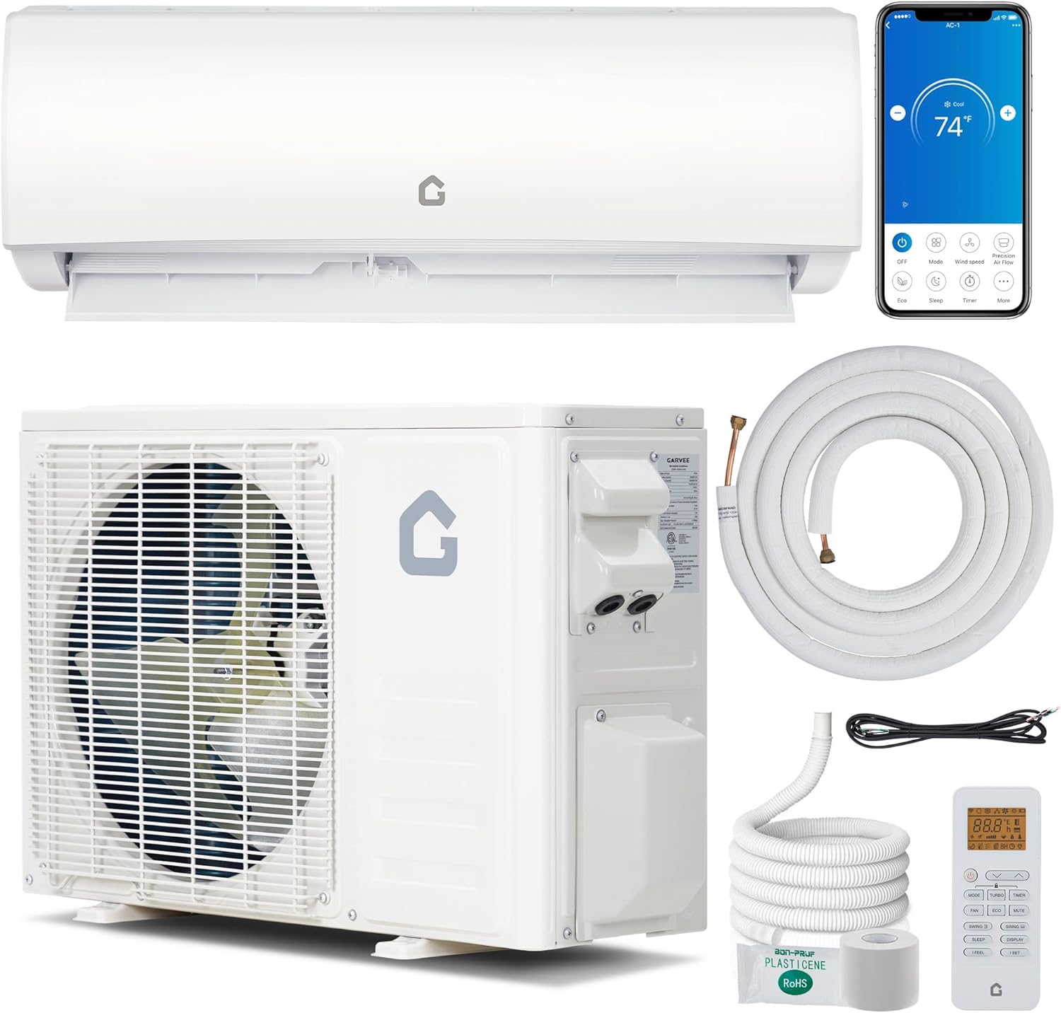 9,000 BTU Mini Split Air Conditioner with Heater, 20 SEER2 208-230V, Split Unit Ac and Heat Cool Up to 450 Sq.Ft, Ductless Air Conditioner w/Installation Kit, Remote, 2.0 Wifi Control