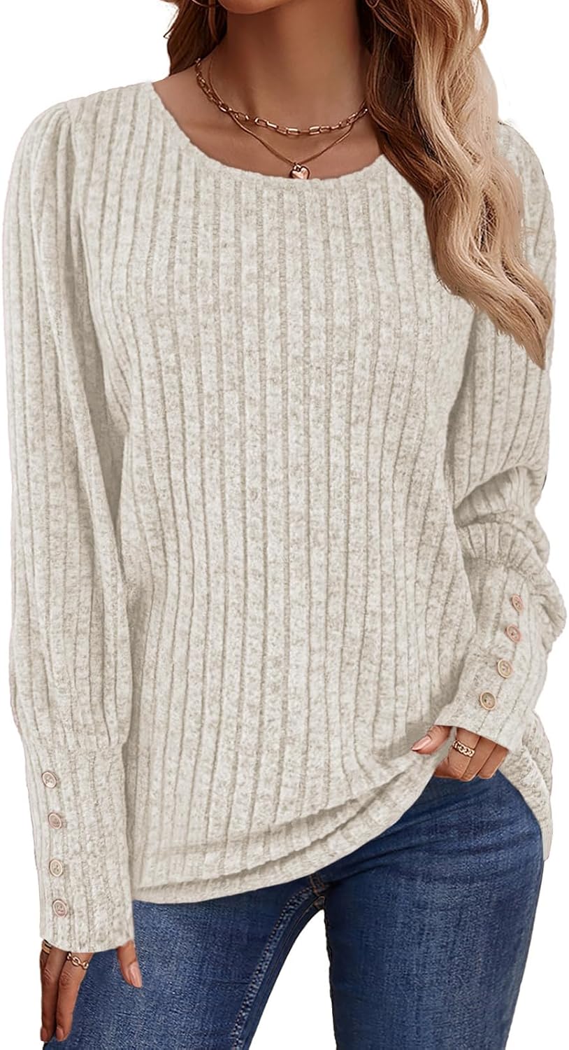 Lylinan Womens Ribbed Knit Long Sleeve Tops Casual Button Cuff Pullover Sweaters Blouses S-XXL