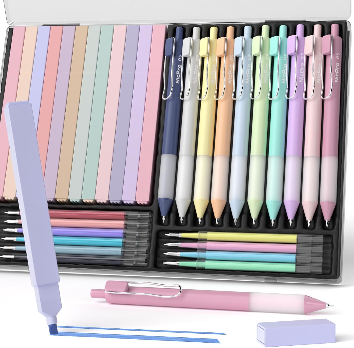 Nicpro Aesthetic Highlighters and Gel Pen set with Case, 33PCS | Bible Study Supplies with 12 Assorted Colors Bible Highlighter No Bleed, 10 Fine Point Colored Ink Gel Pens for Journaling
