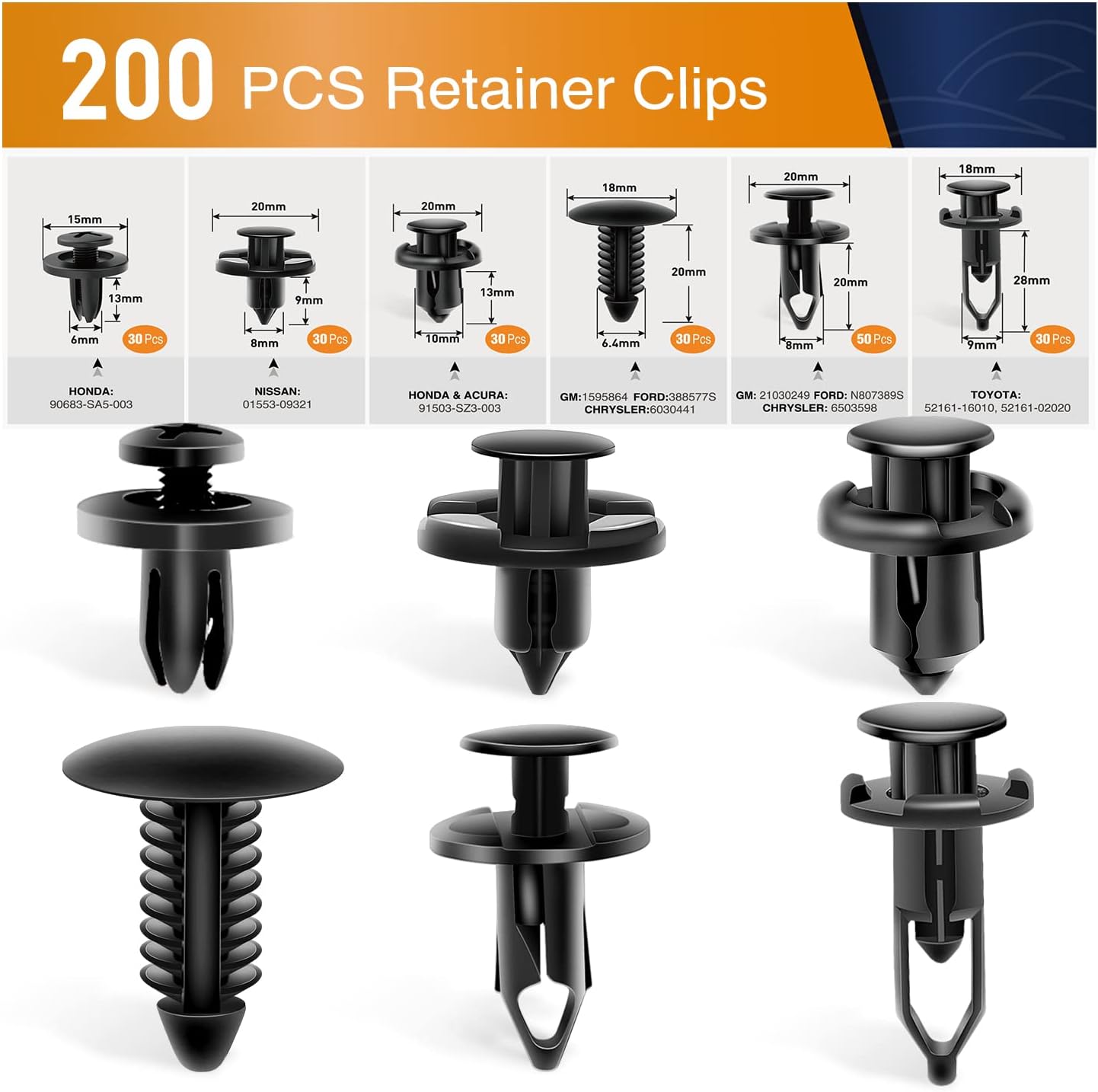 GOOACC Universal Plastic Fender Clips,200 Pcs Push Bumper Fastener Rivet Clips with 6 Size Auto Body Retainer Clips Bumpers,Car Fender Replacement for GM, Ford & Ch, GRC-47