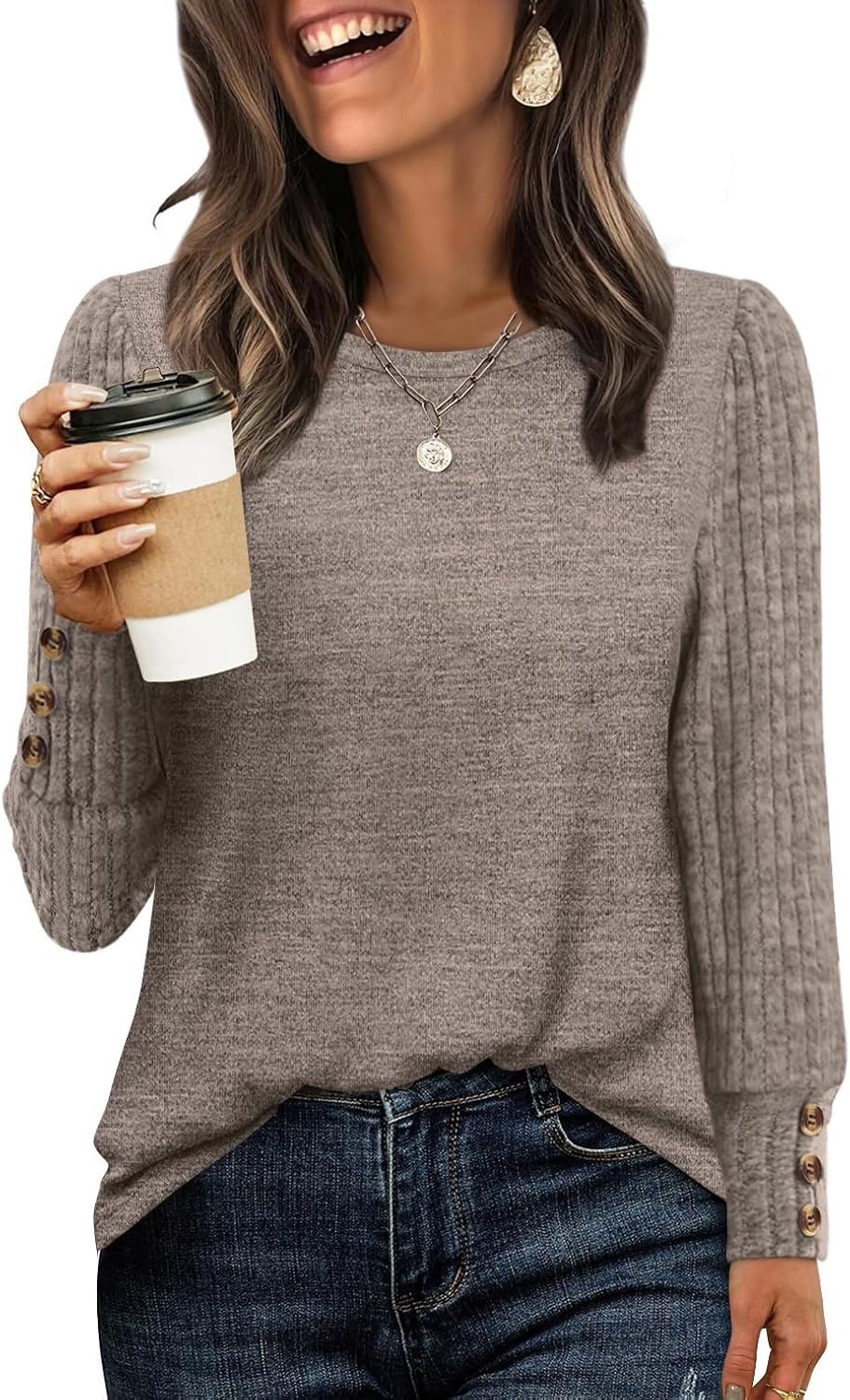 Womens Tops Early Fall Fashion Must Haves 2025 Outfits Long Sleeve Shirts for Women Sweaters Trendy Winter Clothing Chocolate Brown Fall Clothes Plus Size Clothes L