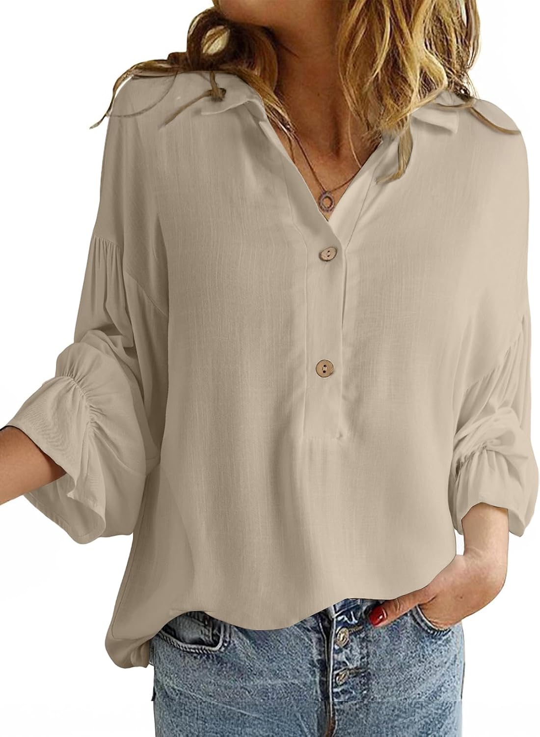 Astylish Women's Casual Blouses Linen Tops Cute Puff Sleeve V Neck Button-Down Henley Shirts