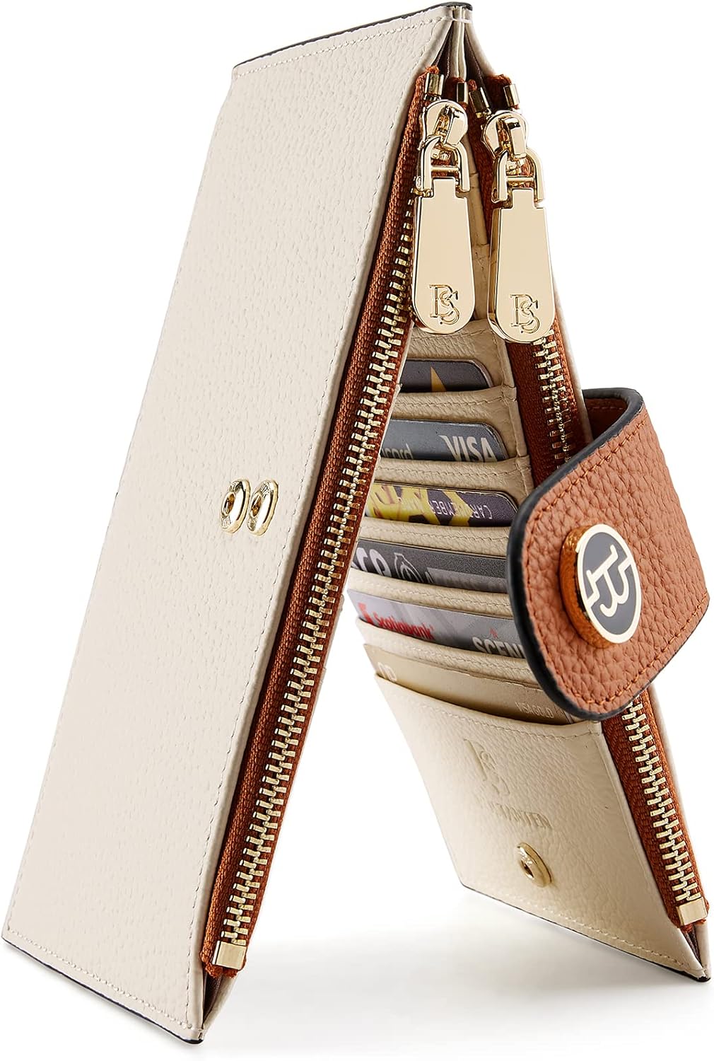 BOSTANTEN Leather Wallets for Women Large RFID Blocking Slim Bifold Purse Card Holder with Zipper Pocket Beige Brown