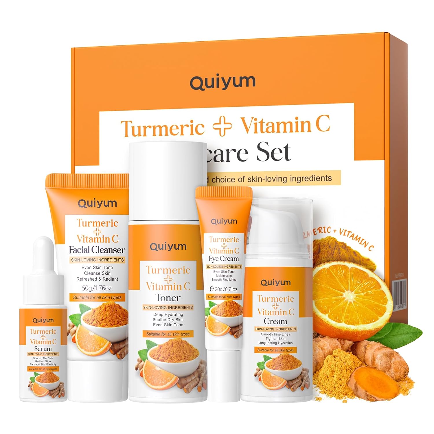 QUIYUM Skin Care Set, Turmeric Vitamin C Skincare Kits 5PCS - Beauty Facial Skin Care Routine Set Kit for Women, Dark Spot Remover for Face, Reduce Acne, Even Tone, Glow, Valentine's Day Birthday Gift
