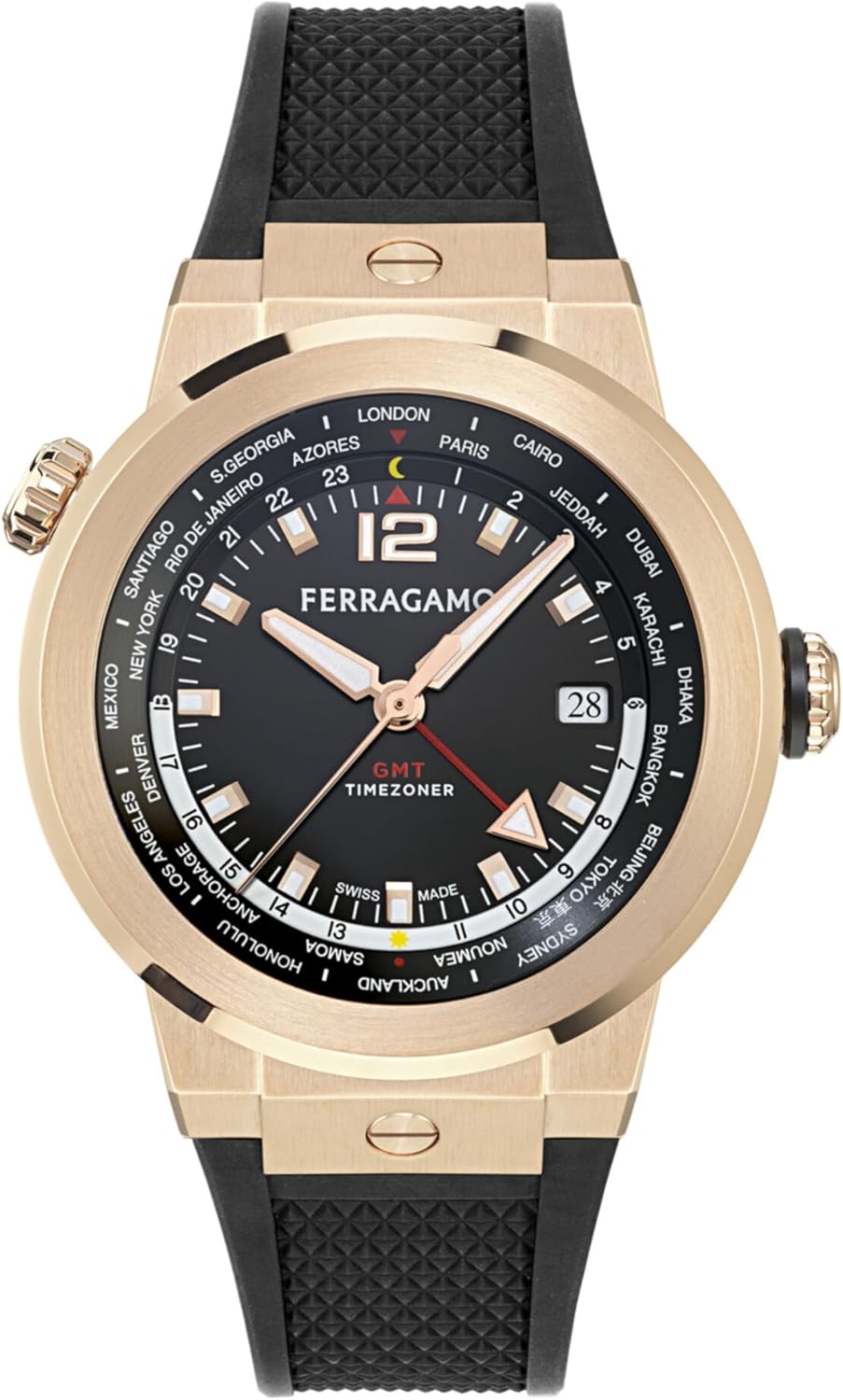 Ferragamo F-80 GMT Worldtime Men’s Watch, Swiss Made Luxury Designer Watch for Men with Black Sunray Dial, Rose Gold Tone 43mm IP Case, Black PU Strap, Deployant Clasp, 10 ATM