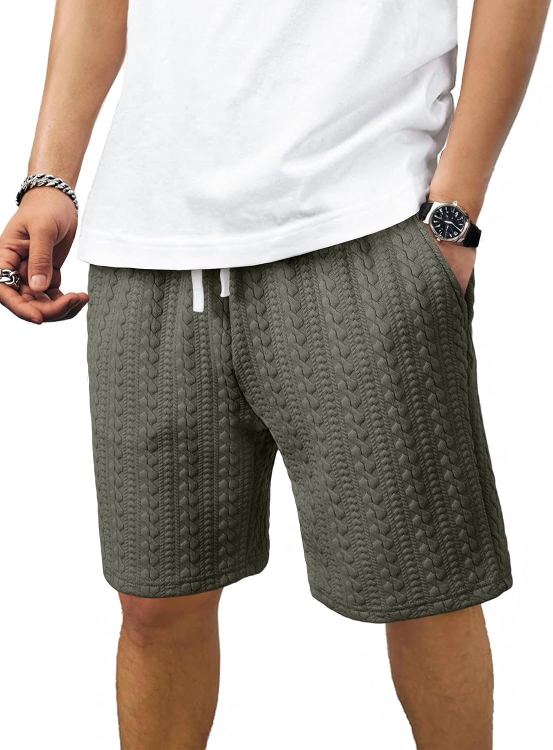 JMIERR Men‘s Cable Knit Textured 7.5 Inch Elastic Drawstring Casual Shorts | Above Knee Length, Deep Pockets, Comfy Flexible Waistband, Summer Vacation Beach Wear, Streetwear Fashion, Lounge Bottoms