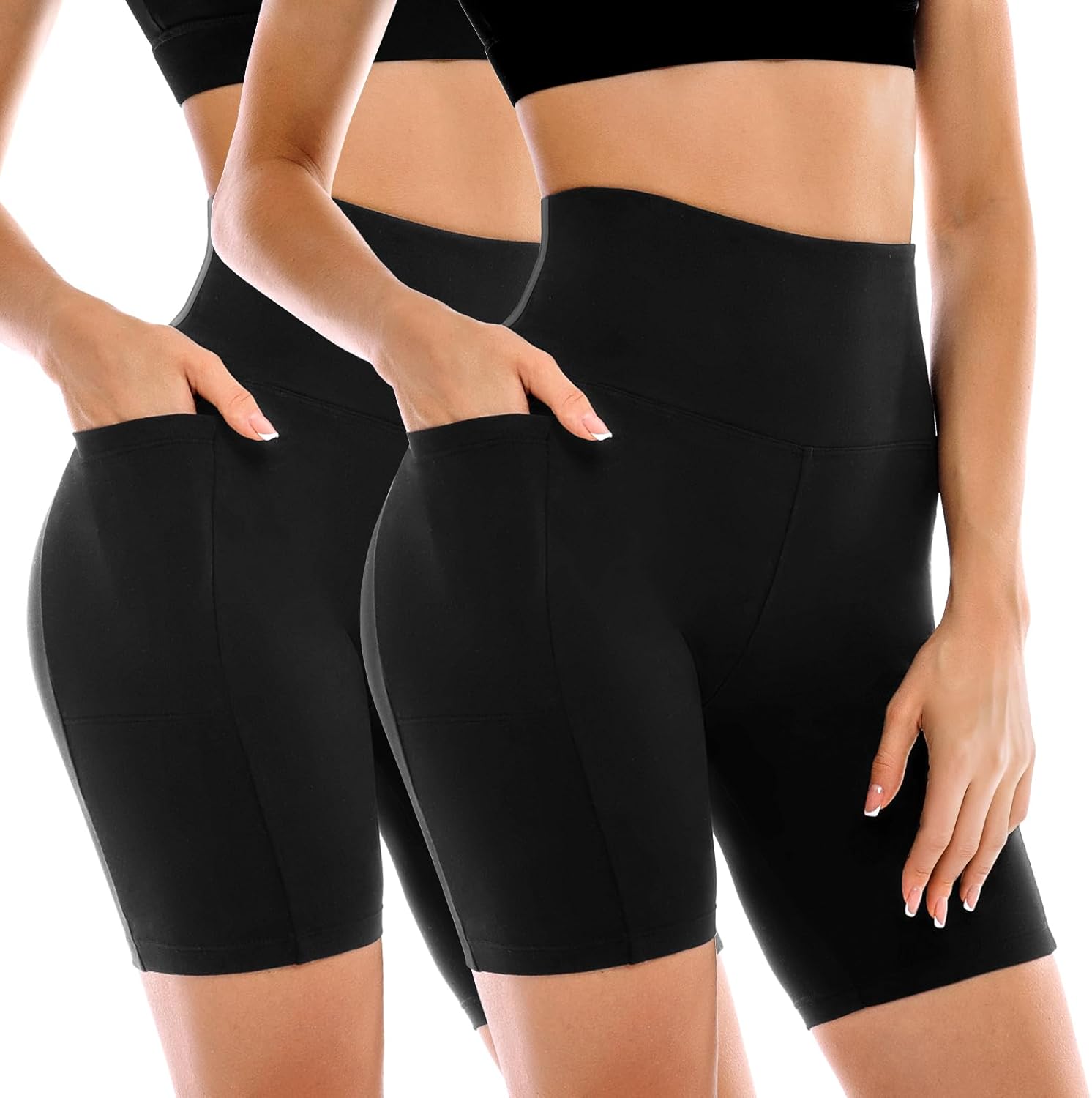 Leafigure 2 Pack Womens Biker Shorts with Pockets 6" | High Waisted, Tummy Control, Running, Gym, Workout, Yoga Shorts