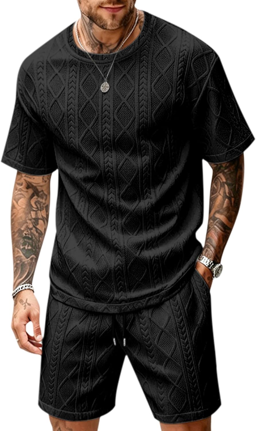 Babioboa Men's 2 Piece Outfits Textured Short Sets Casual Short Sleeve T Shirt and Shorts Summer Tracksuit Off-Duty Set