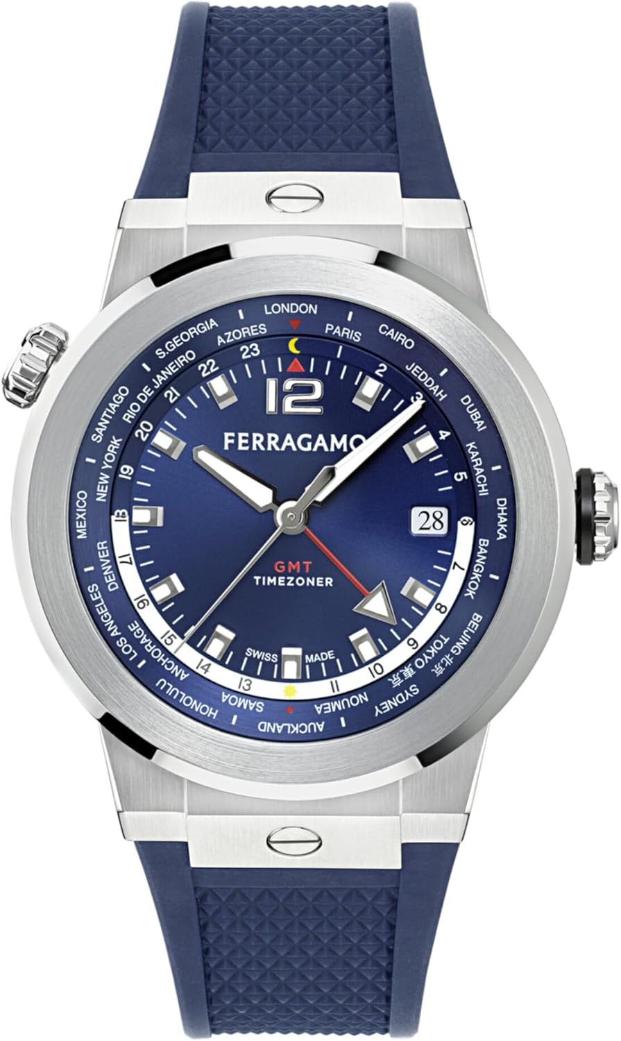 Ferragamo F-80 GMT Worldtime Men’s Watch, Swiss Made Luxury Designer Watch for Men with Blue Sunray Dial, Silver 43mm Stainless Steel Case, Blue PU Strap, Deployant Clasp, 10 ATM