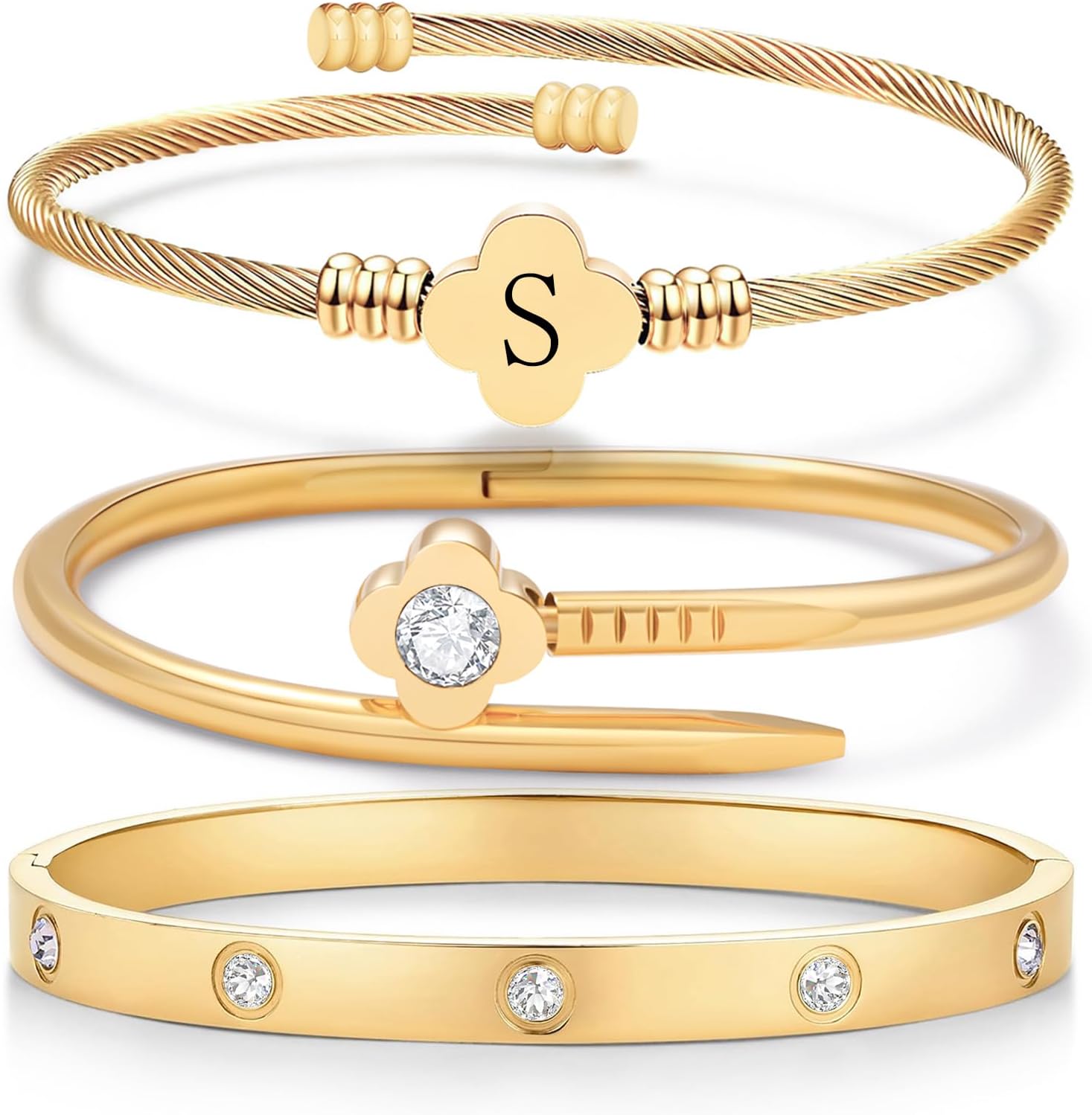 14K Gold Plated Personalized Flower Bracelet Set with Initial Charm Trendy Stackable Jewelry for Women