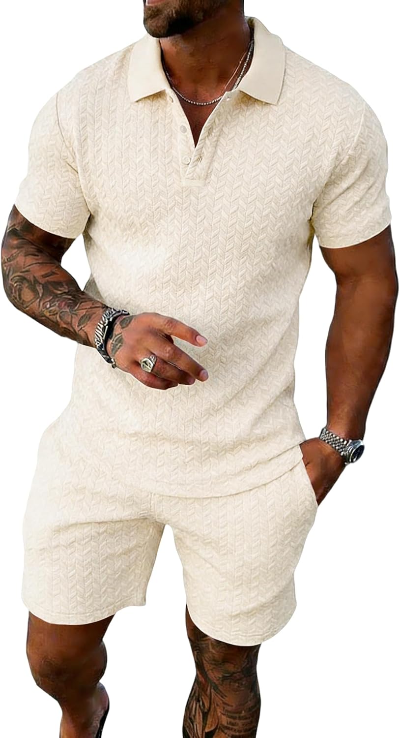 UOUA Mens Summer Outfits 2 Piece Textured Set for Beach Vocation Short Sleeve Golf Polo Shirt and Shorts