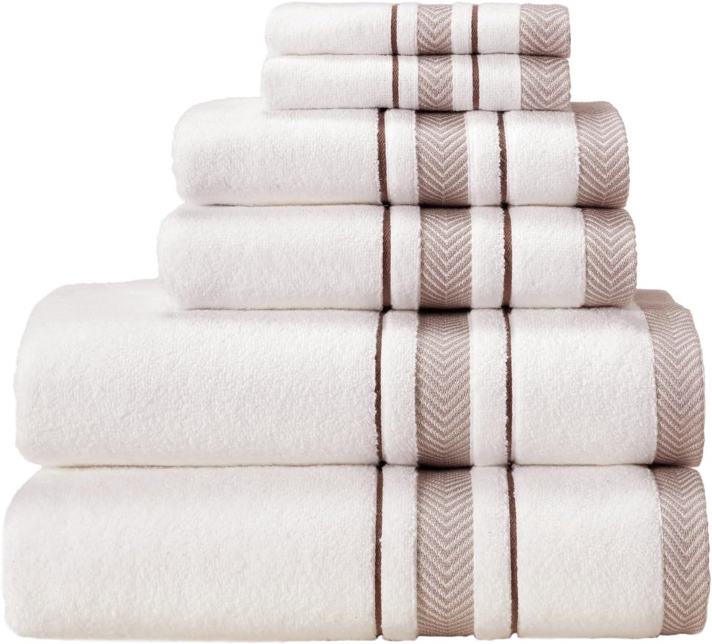 Bath Towels Set for Bathroom – Luxury 6-Piece Cotton Towels, Soft Absorbent & Quick Dry, 600 GSM Bath Towels for Bathroom, Hotel Spa Quality (White/Brown, 6- Bath Towel Set)