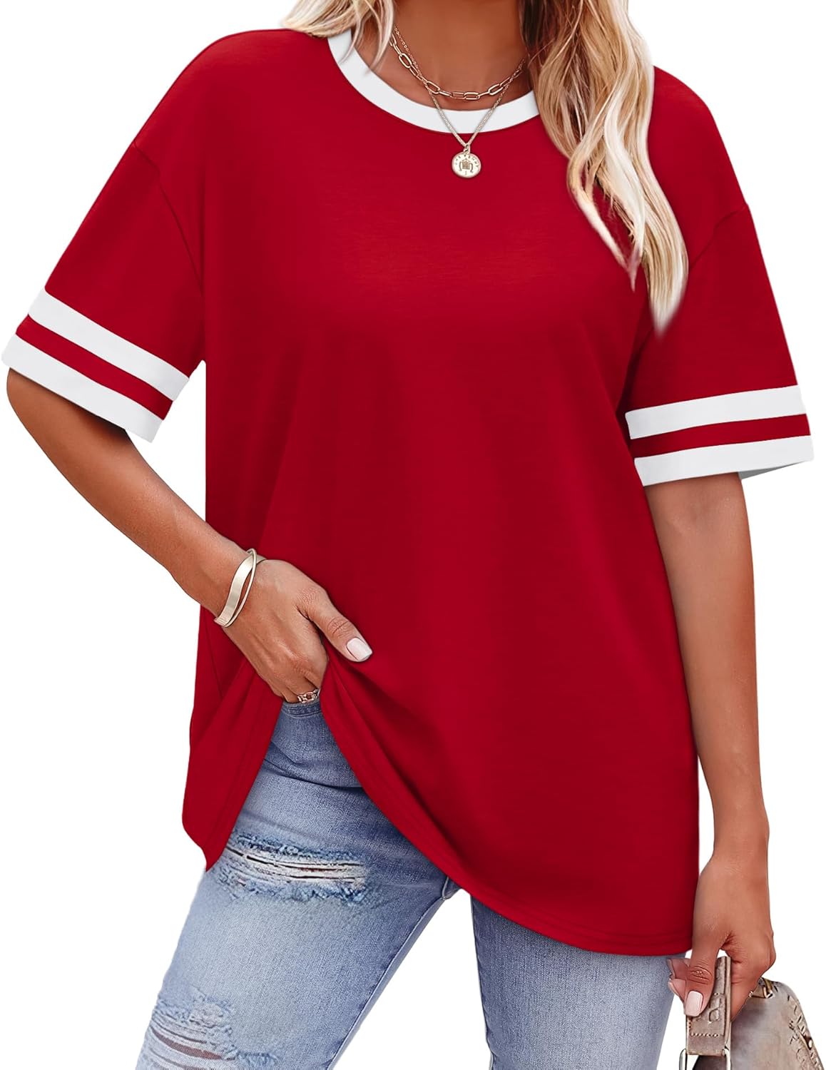 WIHOLL Womens T Shirts Loose Fit Short Sleeve Tees Crew Neck Color Block Summer Tops 2026 Fashion