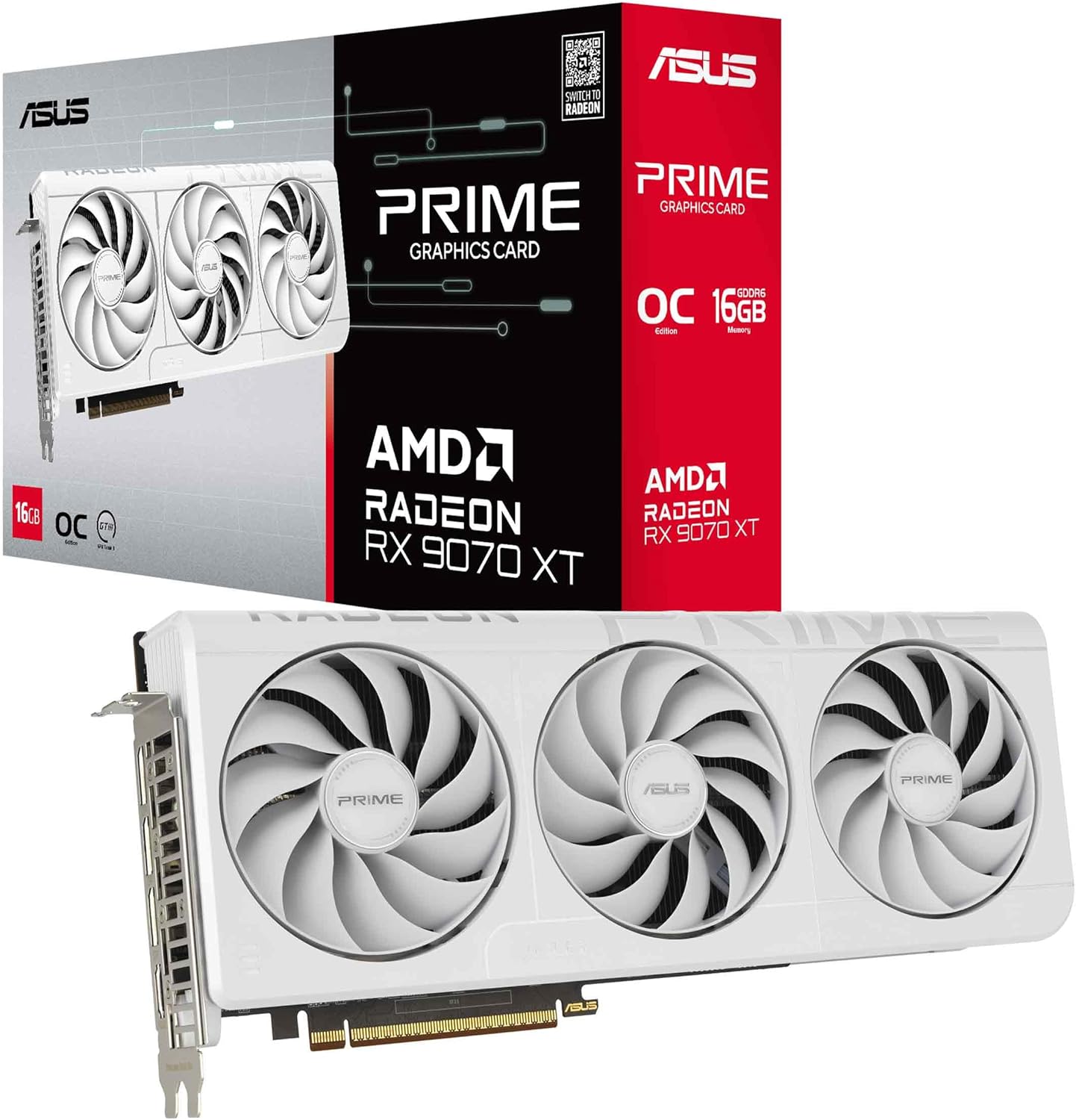 ASUS Prime AMD Radeon™ RX 9070 XT 16GB GDDR6 White OC Edition Graphics Card, AMD (PCIe 5.0, HDMI/DP 2.1, 2.5-Slot Design, Axial-tech Fans, Ball Bearings, Dual BIOS, GPU Guard), 3 Year Warranty