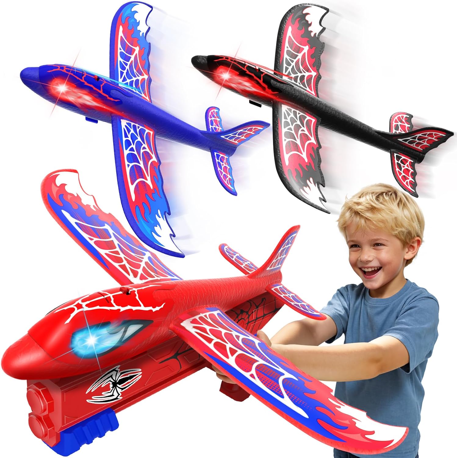 Cool Airplane Launcher Toy with Glowing Eyes & Web-Pattern Wings,2 Flight Modes Outdoor Games for Kids,Boys Toys Age 3-12,Birthday Gifts for 3 4 5 6 7 8 9 10 11 12 Year Old,Kids Gift(Red&Blue&Black)