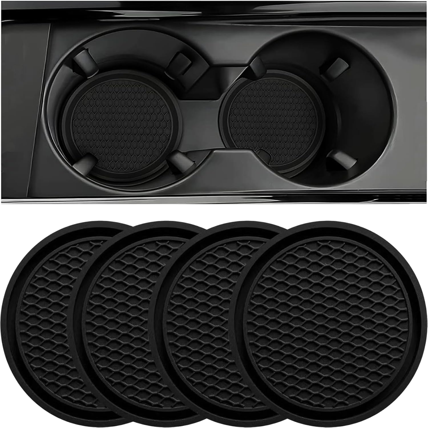 ZSDY Car Cup Coaster, 4PCS Universal Auto Non-Slip Cup Holder Embedded in Ornaments Silicone Coaster, Car Interior Accessories Sets, Black