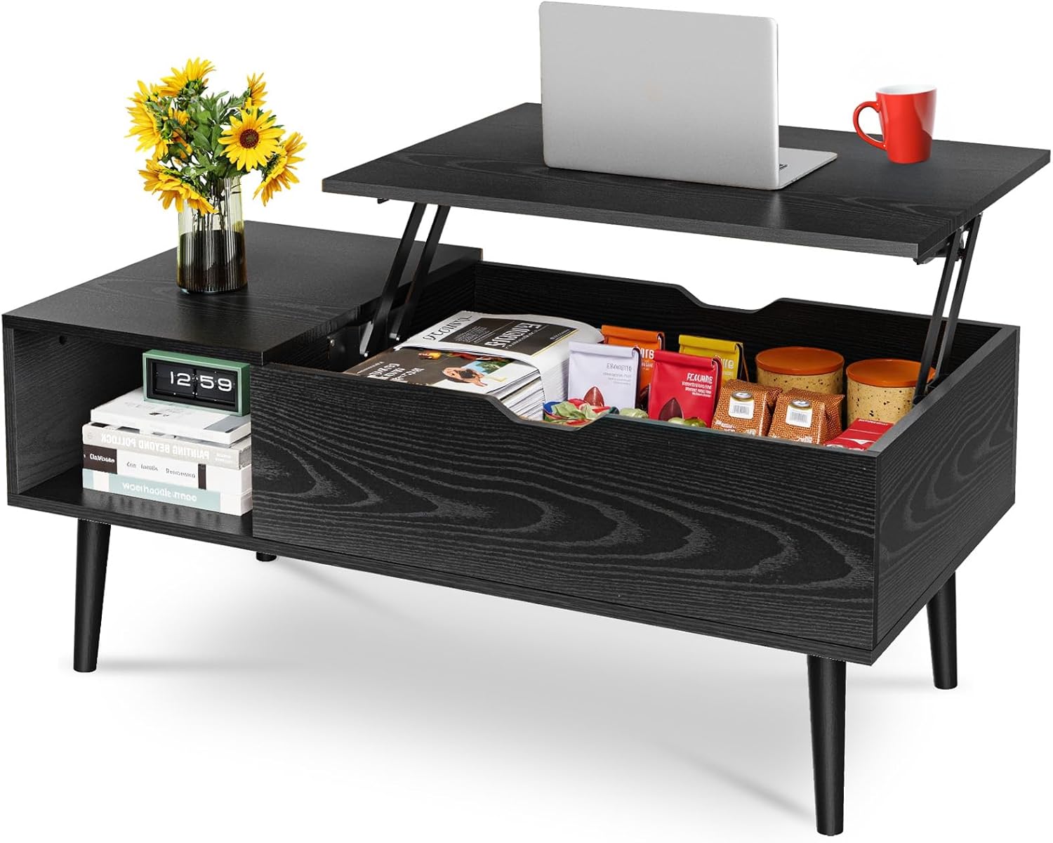 OLIXIS Lift Top Coffee Table, Wood Coffee Table for Living Room Home Black | Wood,Lift Top, Hidden Compartment, Storage Shelf, Center Table, Home, Living Room, Office