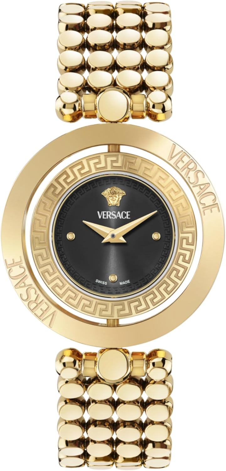 Versace Eon Jewel Collection Luxury Womens Watch Timepieces with a Gold Bracelet and Case Featuring a Black Dial