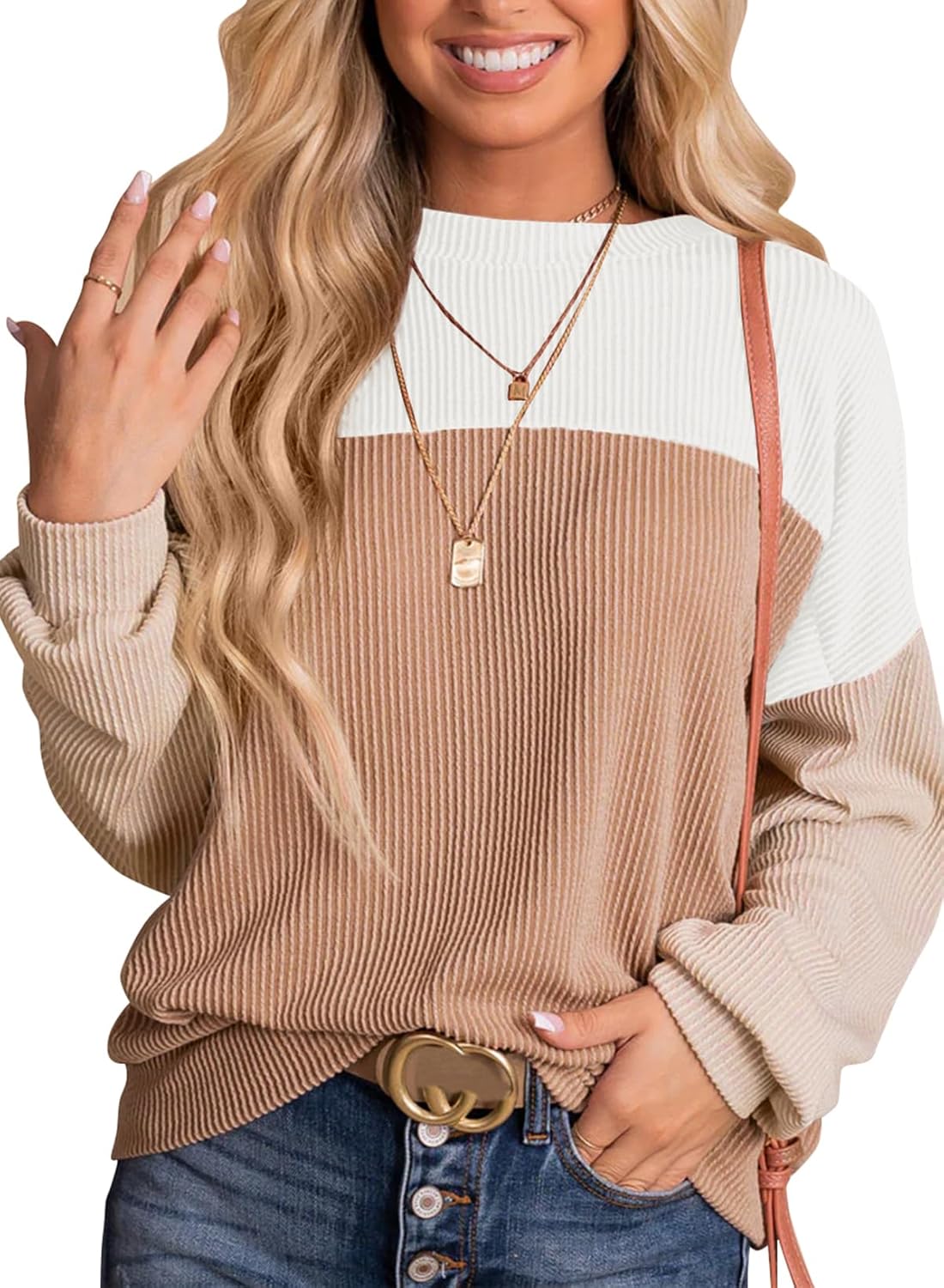 Dokotoo Womens Tops Fashion 2026 Color Block Long Sleeve Shirts for Women Crewneck Knitted Casual Loose Blouses