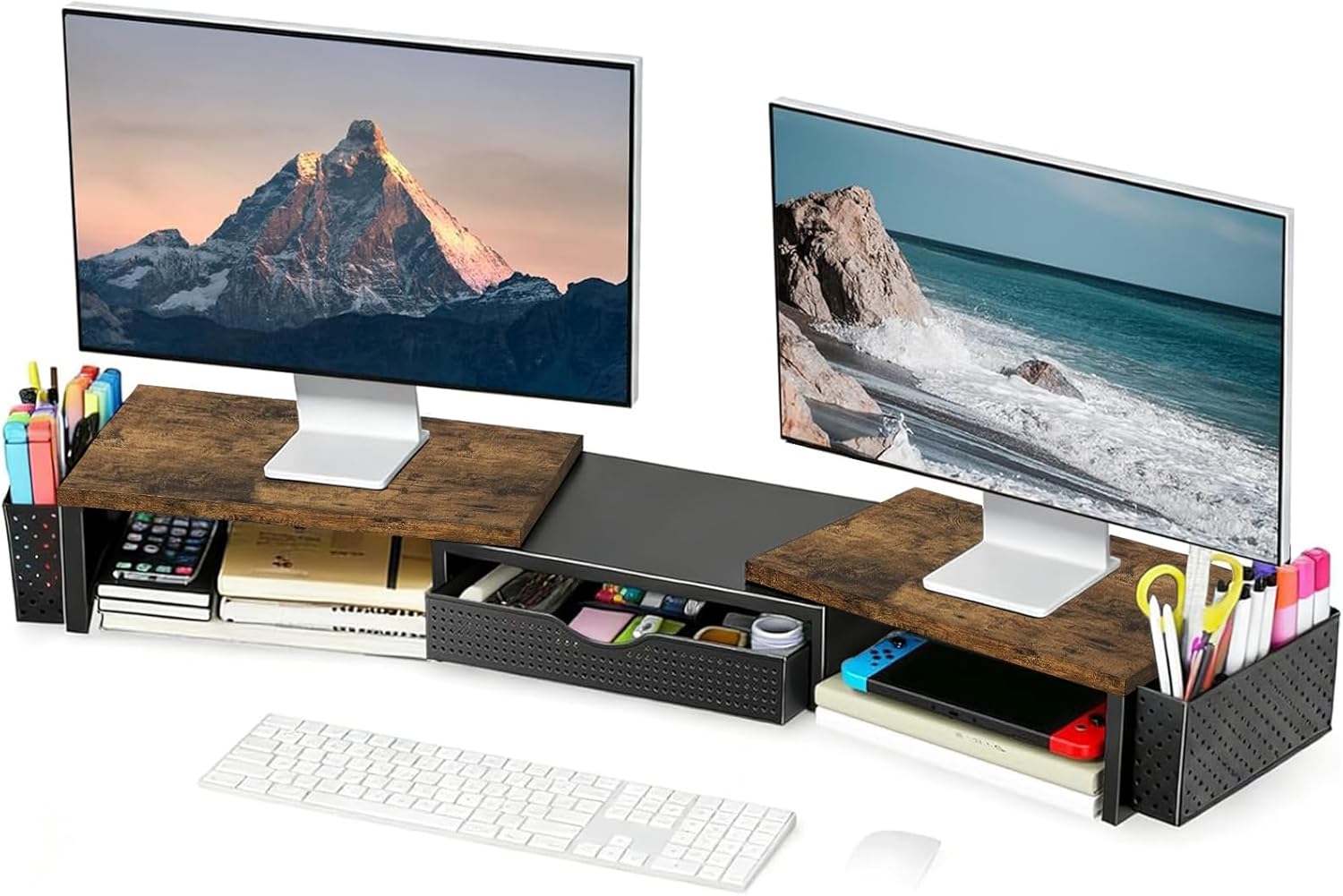 Spacrea Wood Dual Monitor Stand Riser with Drawer and 2 Pen Holders | Monitor Riser Desk Organizers and Accessories,Desk Accessories & Workspace Desktop Organizers for Office Supplies