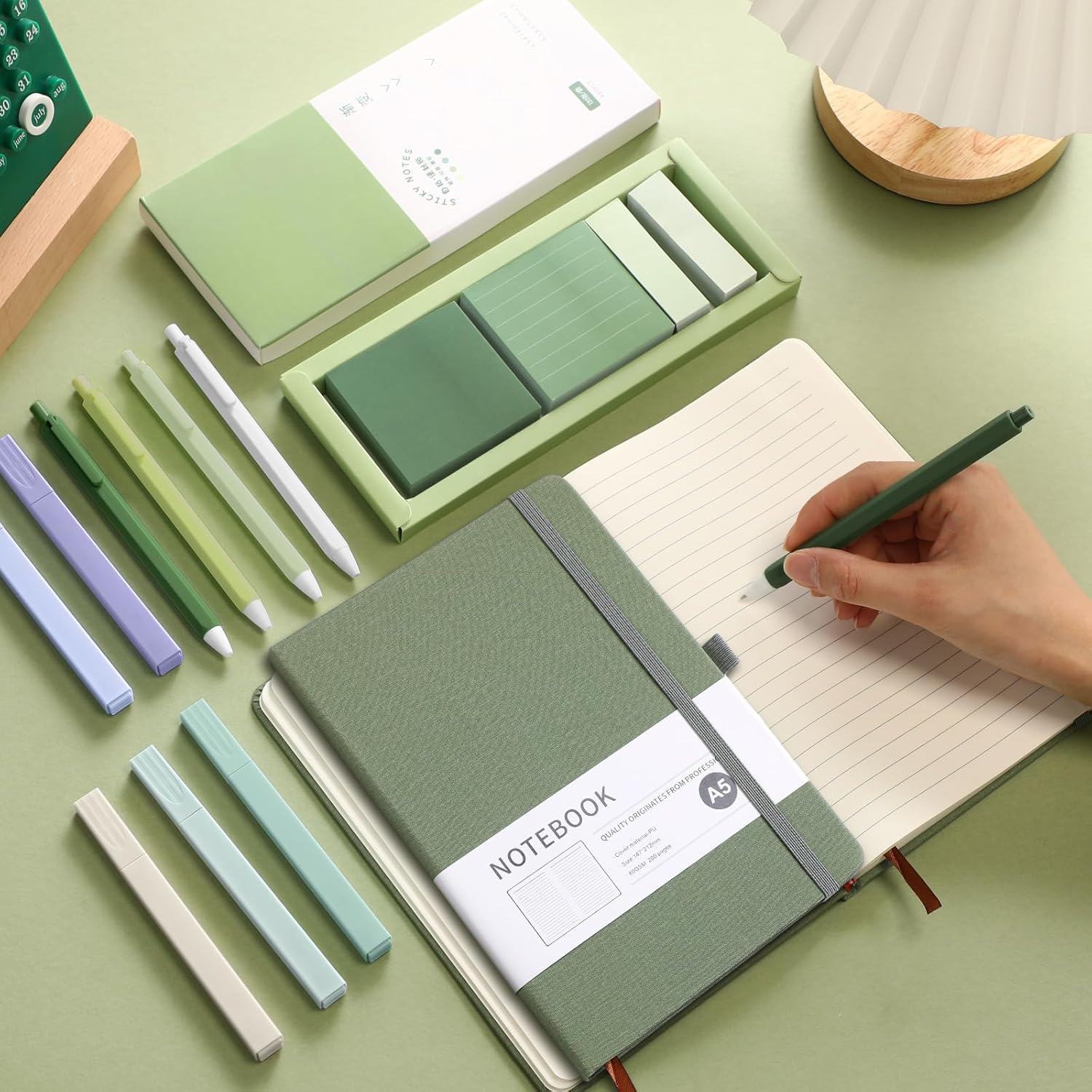 Dispowreath Sage Green Aesthetic Stationery Set 6 Retractable Black Gel Ink Pens 0.5mm Notebook Sticky Notes Set 5 Highlighters Self Stick Index Tabs for Back to School Teacher Appreciation Gift