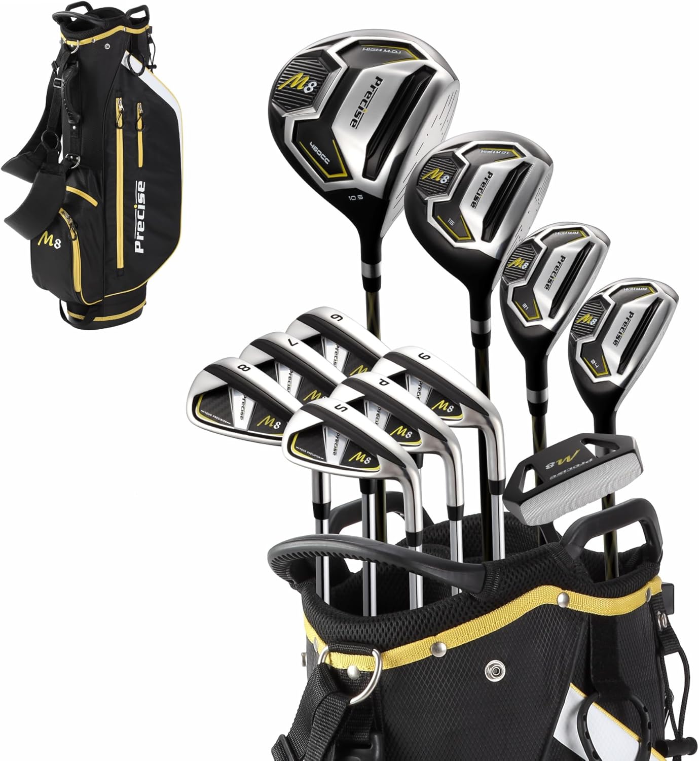 Precise M8 Men's 17-Piece Golf Set – Kevlar Graphite Shafts | Driver, Woods, Hybrids, Irons (6-SW), Putter, Stand Bag, 4 Headcovers & Rainhood