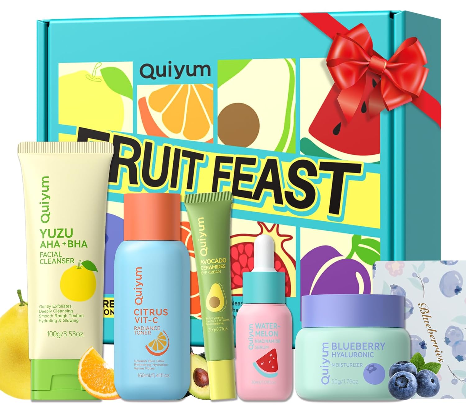 QUIYUM Fruit Skincare for Teens, 5 Daily Routine Beauty Skin Care Sets - Exfoliating, Smooth, Clean, Oil Control, Firm, Hydrating, Glow Up, Facial Skincare Gift Set for Girls, for All Skin Types