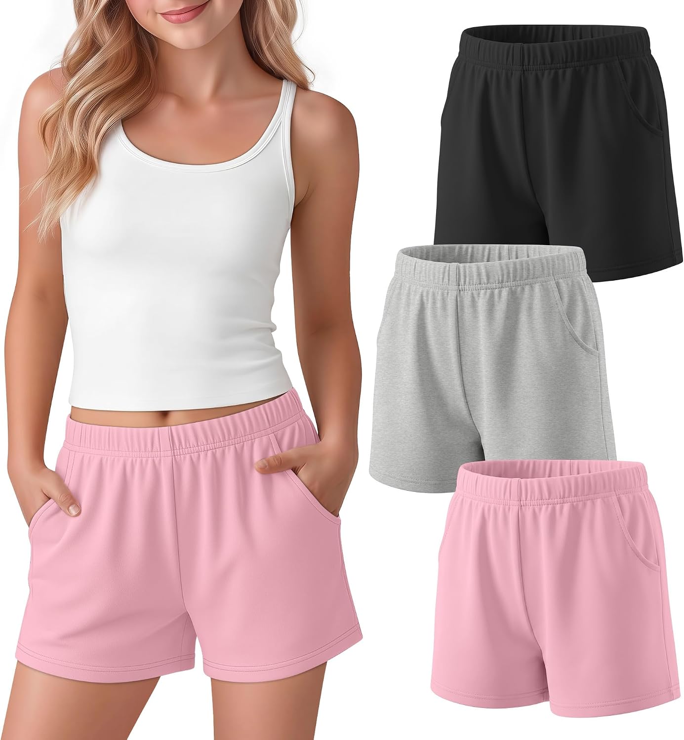 3 Pack Girls Shorts | Elastic Waist, Athletic, with Pockets, Back to School, Casual, Summer, for Girls 5-16 Years