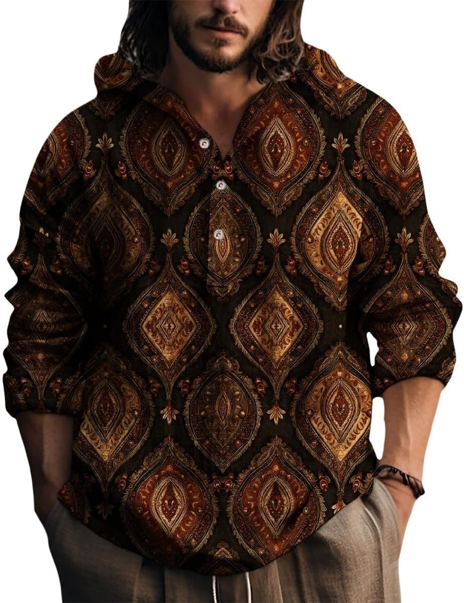 ZOCANIA Vintage Tees for Men Ethnic Mens Long Sleeve Hooded Shirts Button Down Shirt Casual Tops for Spring Fall Tshirts