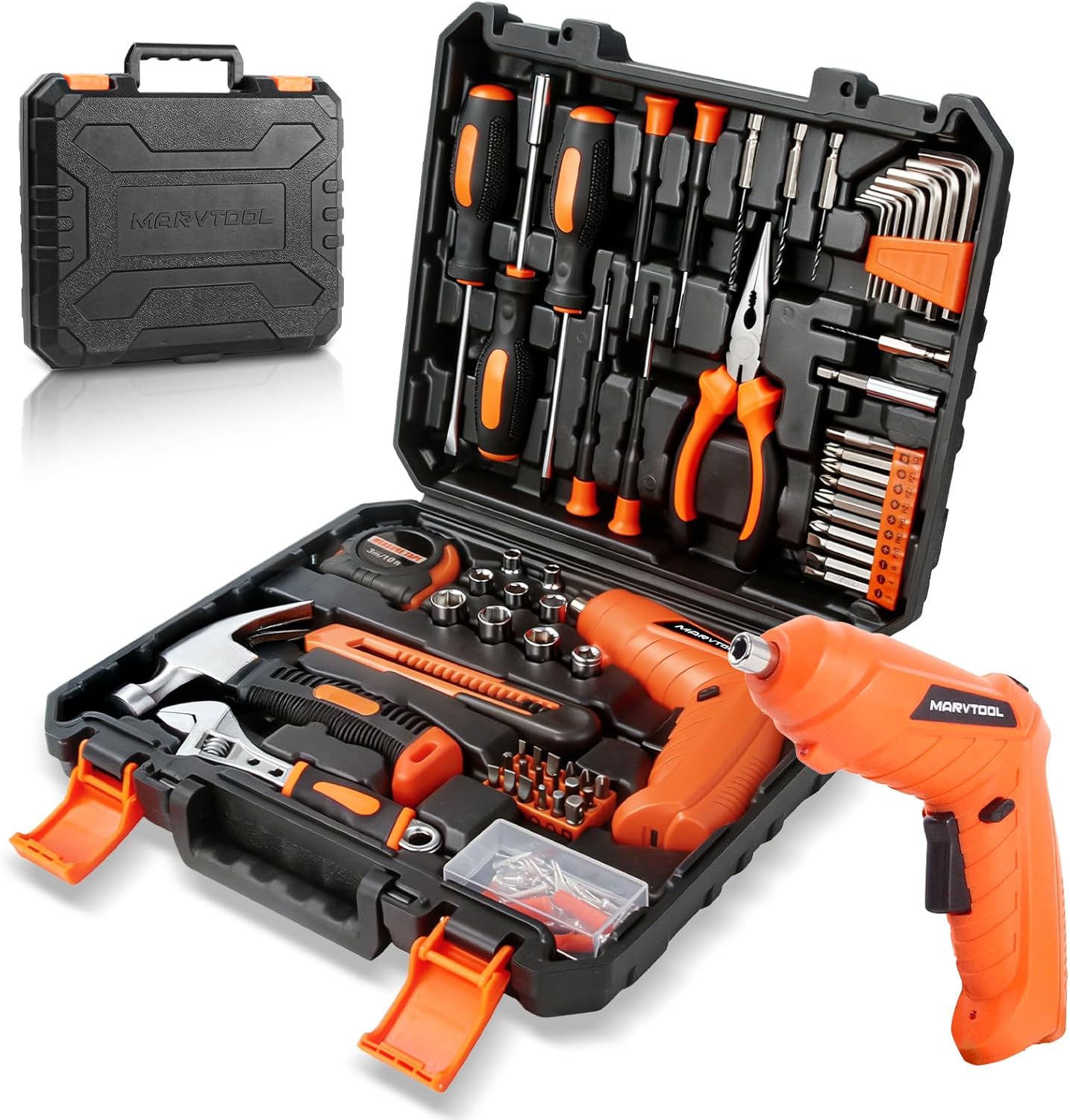 140 Piece Basic Tool Set, Portable Tool Box with Cordless Drill, Home Repair Hand Tool Kit, General Household Drill Set, Toolbox with Storage Case for Homeowner, DIY, Handyman, Women, Men
