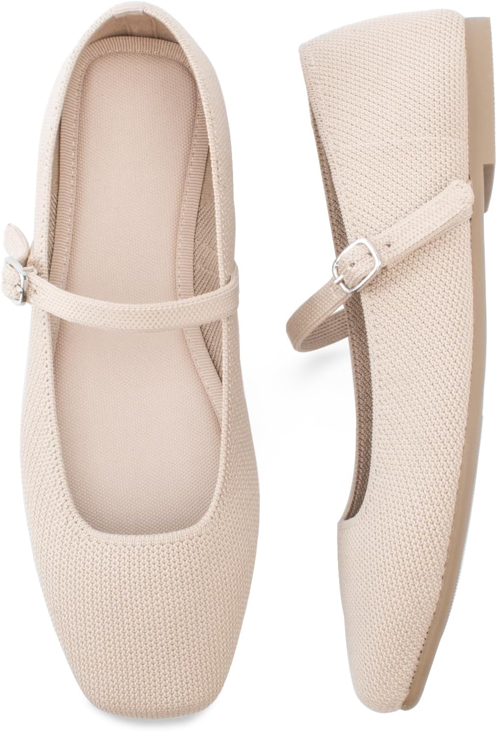 Soesyi Knit Flats for Women Square Toe Flats Casual Ballet Flats with Ankle Strap,Mary Jane Shoes Women Comfortable for Dressy Office