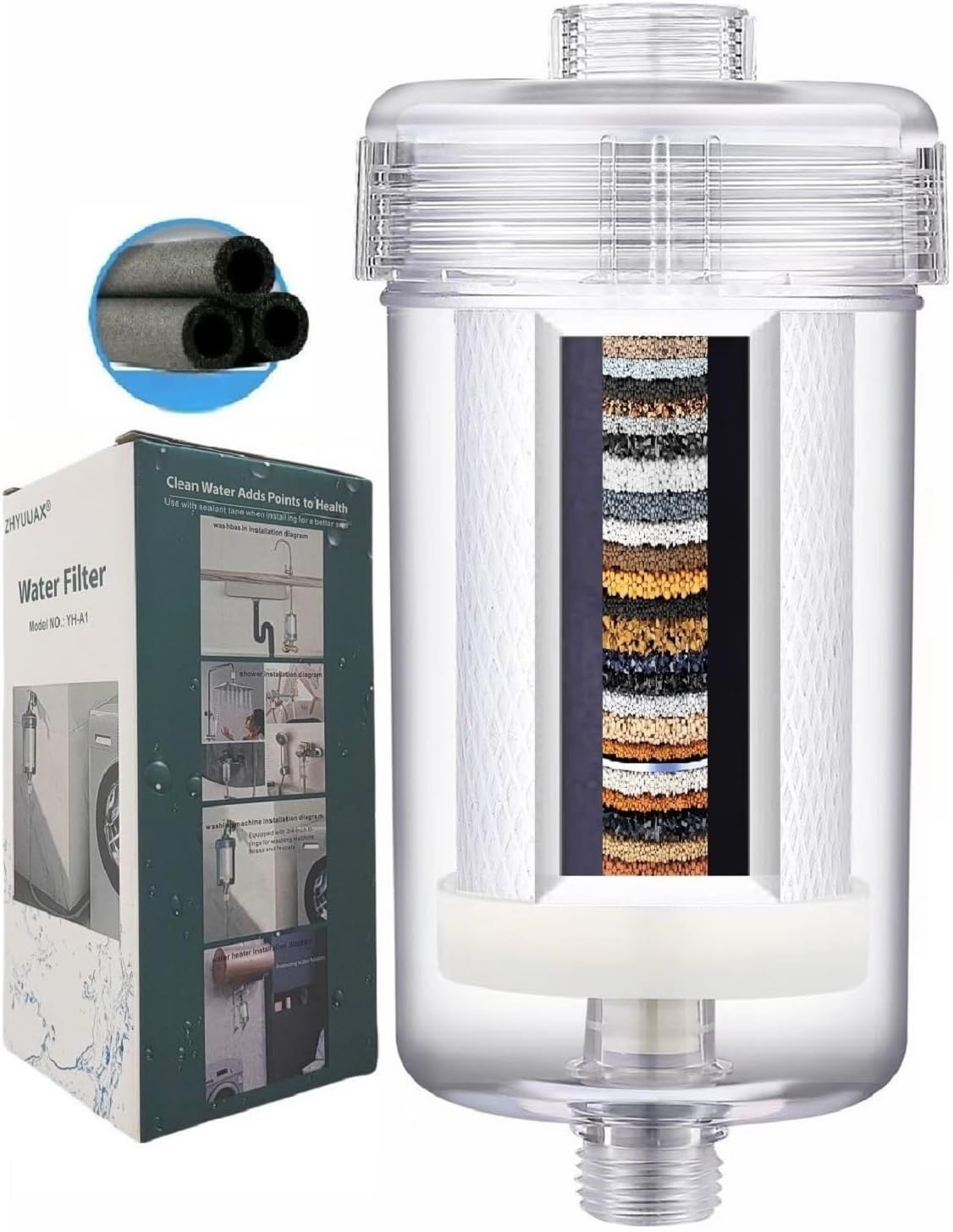 Upgrade 1 Micron High Density Washing Machine Water Filter, Visible Washer Water Filter System, 99.5% Removal of Chlorine Fluoride, Heavy Metals, Odor, Relieve Dry Skin ACF Shower Filter