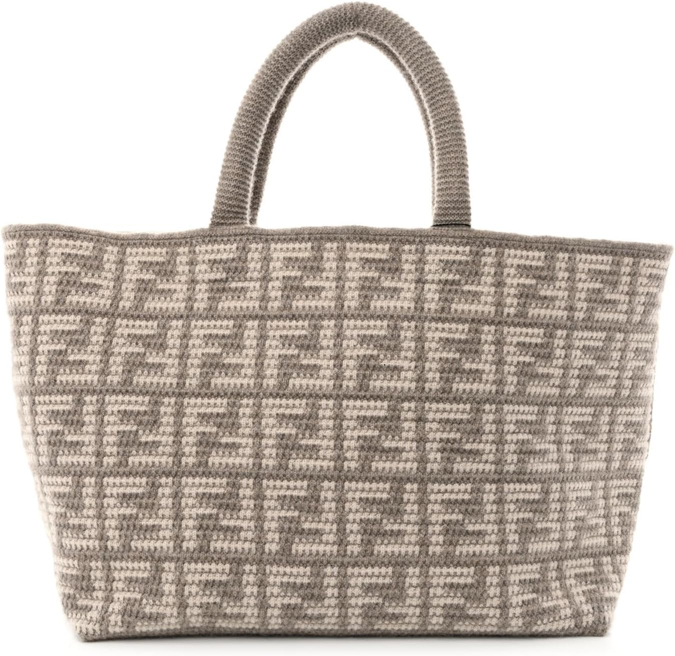 FENDI FF Tortora Gray Knitted Cashmere Wool Large Shopper Tote Bag – Designer Women’s Luxury Handbag with Signature FF Pattern 8BH401