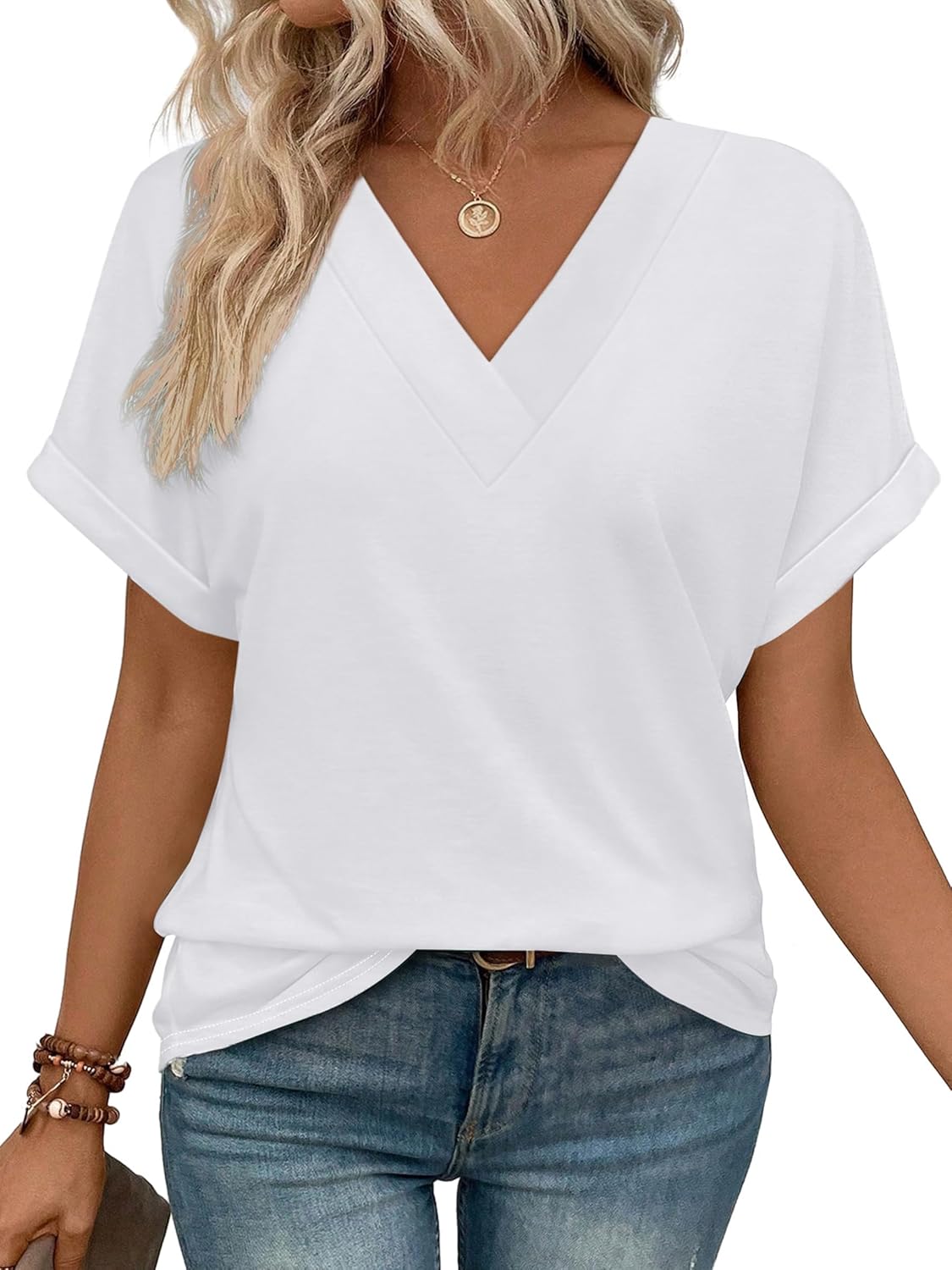 WIHOLL Womens Summer Tops Short Dolman Sleeve Shirts 2026 Fashion V Neck Outfits Clothes