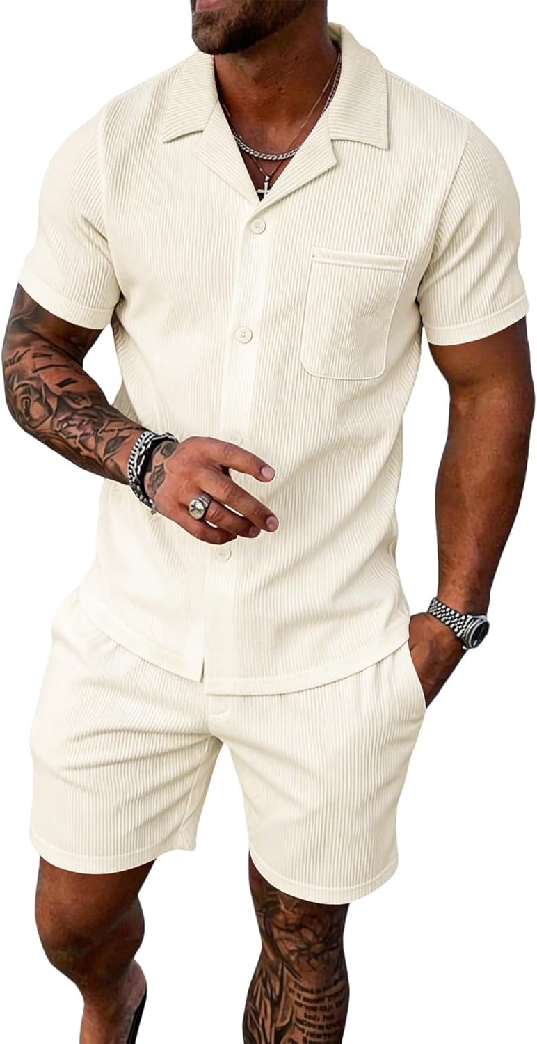 UOUA 2 Piece Short Sets for Men Summer Beach Outfits Stripe Texture Button Down Shirts & Shorts Casual Vacation Set