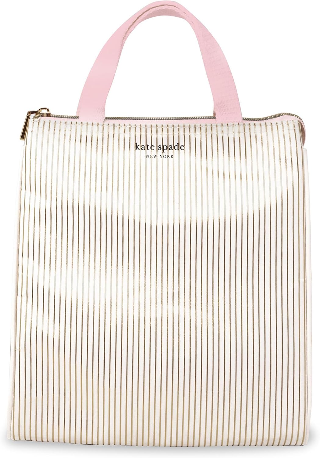 kate spade new york Insulated Lunch Bag, Gold Pinstripe | Large Capacity Lunch Tote, Adult Lunch Box with Silver Thermal Insulated Interior Lining and Mesh Storage Pocket for Women