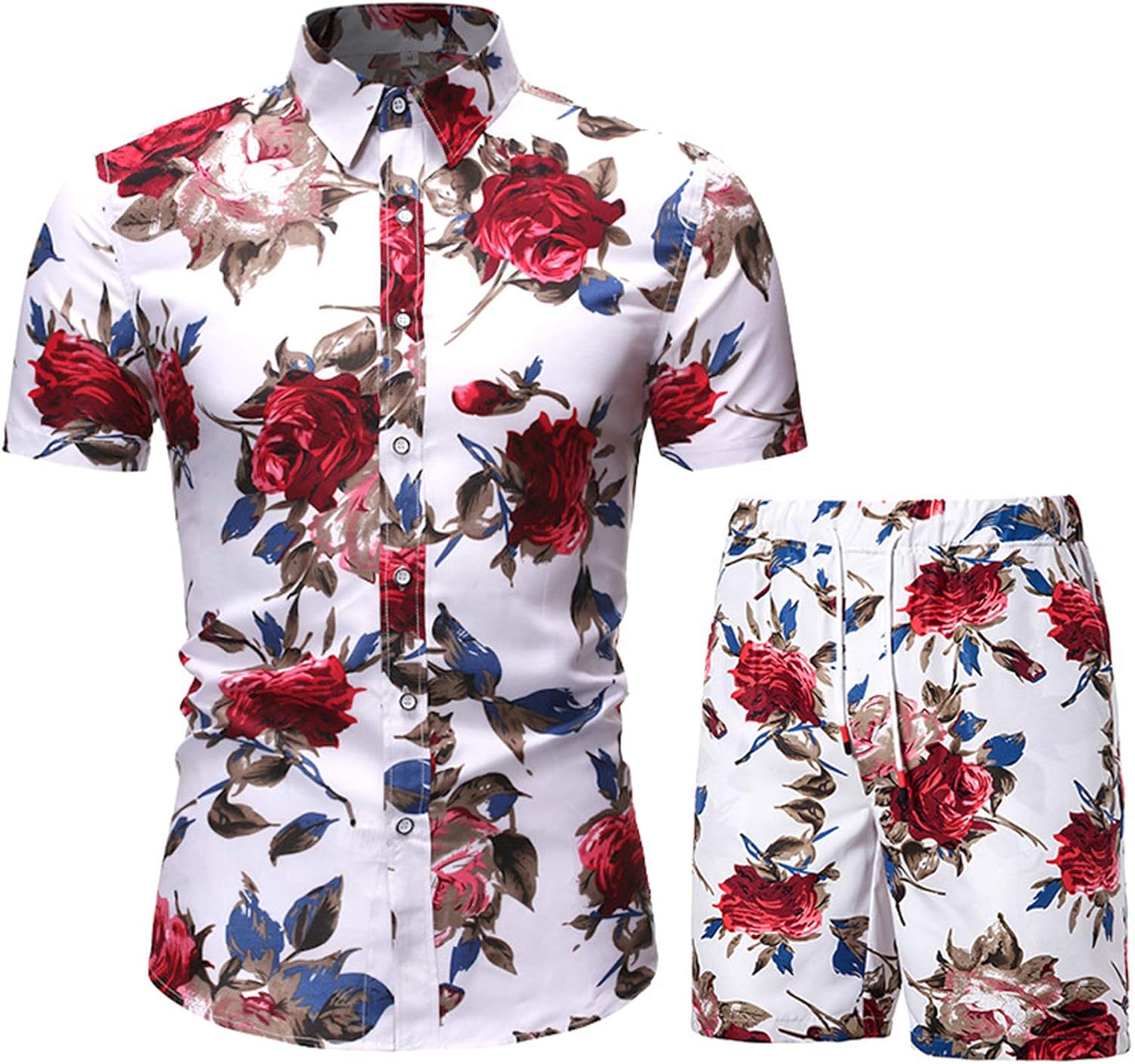 MANTORS Mens Floral Hawaiian Outfits 2 Piece Button Down Short Sleeve Shirt and Shorts Sets