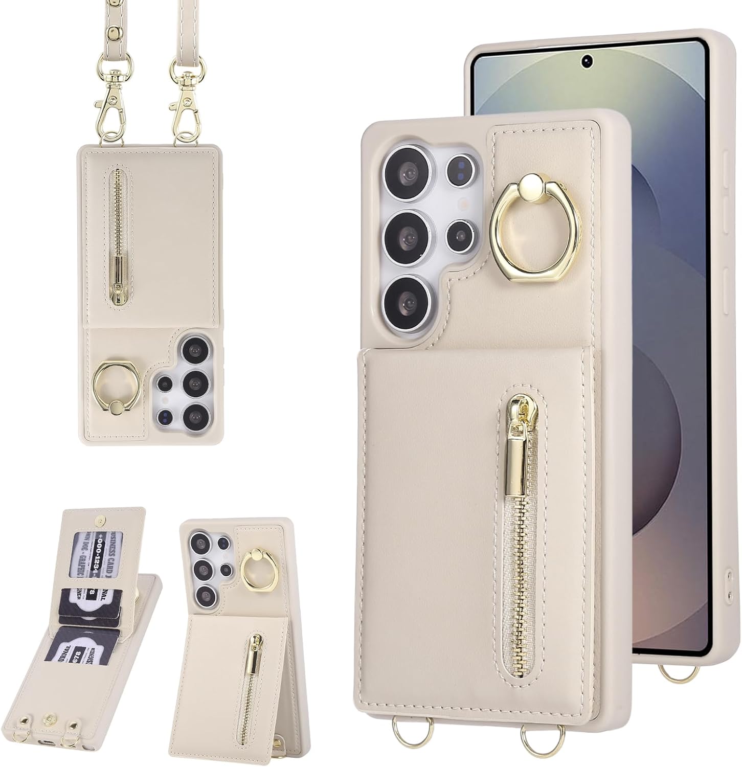 Crossbody Wallet Case for Samsung Galaxy S25 Ultra, with Card Slots Zipper Pocket Case, Flip Folio Purse RFID Blocking with Ring Kickstand Detachable Strap-Beige