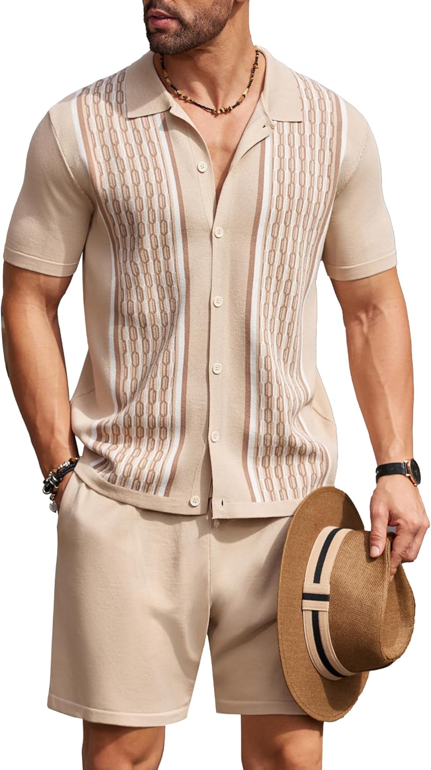 COOFANDY Men's 2 Piece Outfit Vintage Short Sleeve Button Down Knit Polo Shirts Casual Beach Shorts Sets