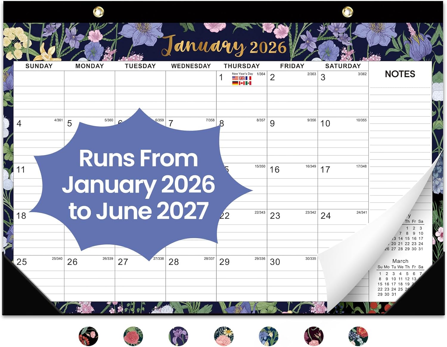 Desk Calendar 2026-2027, Jan 2026-Jun 2027, 17" x 12" | 18-Month Large Monthly Desktop & Wall Calendar for Home & Office Planning and Organization, Midnight Garden