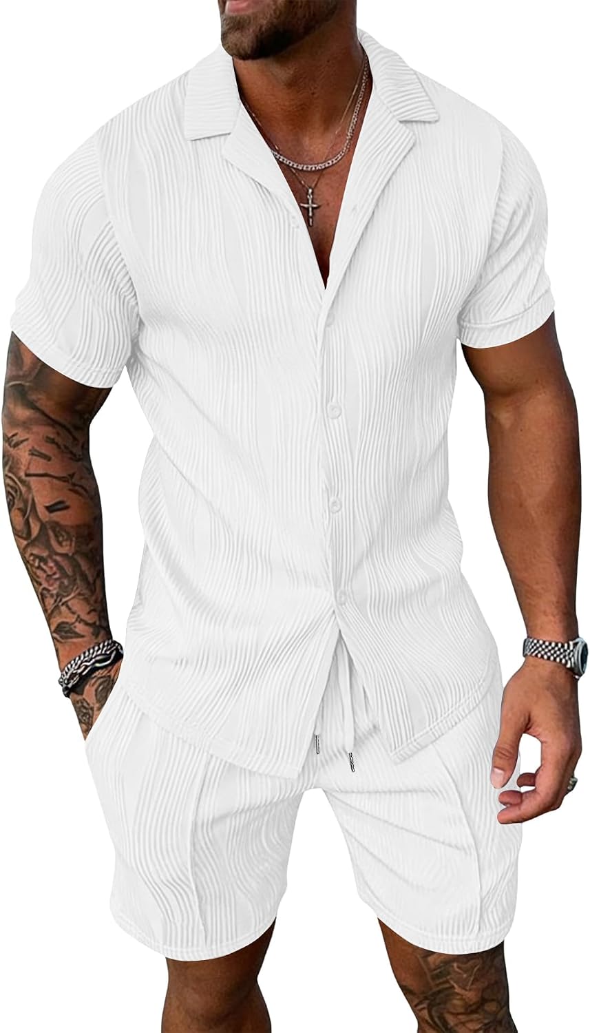 UOUA Summer Outfits for Men 2 Piece Short Sleeve Button Down Shirt & Shorts Set Casual Vacation Beach Tracksuit